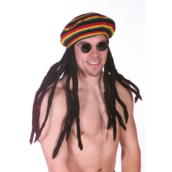 RASTA CROCHET TAM HAT WITH DREADLOCKS JAMACIAN WIG COSTUME NEW GA108 - Picture 2 of 2